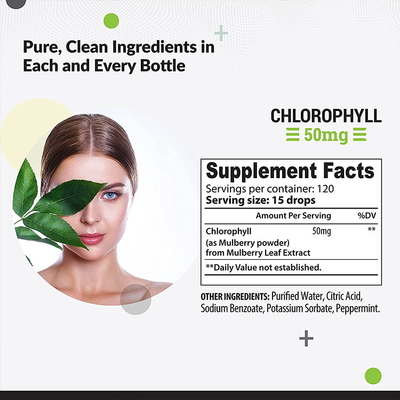 OEM/ODM Chlorophyll-Flüssigkeitstropfen für Wasser mit Pfefferminzgeschmack für die Gesundheit der Haut, das Immunsystem und die Energieergänzung